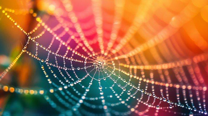 A spider web hung with dew in rainbow light
